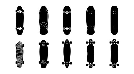 Skateboard and Longboard Silhouette Set Featuring Various Deck Shapes Cruisers Penny Boards and Street Skating Vectors for Graphic Design Elements © MdShahin