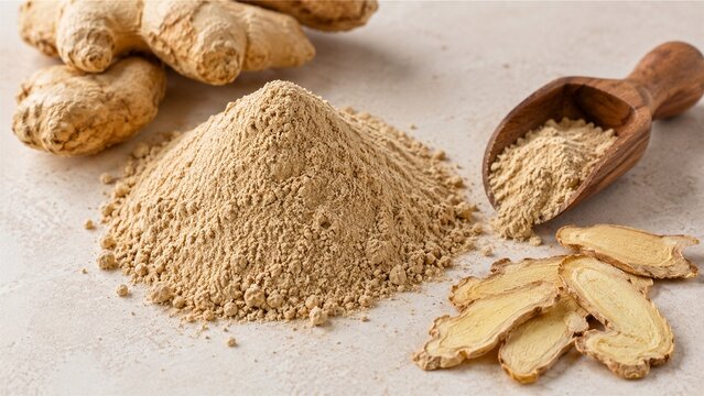 Ginger powder mound with dried ginger slices