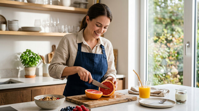 Young woman slicing grapefruit while preparing breakfast in kitchen  