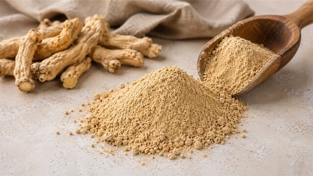 Maca root powder spilling from wooden scoop