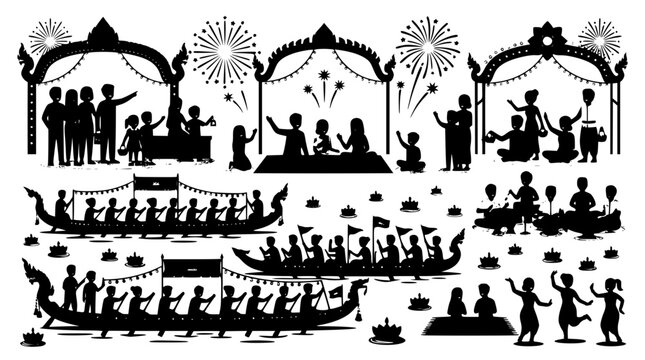 Thailand Loy Krathong festival and royal barge procession silhouette vector icon bundle with floating lanterns fireworks and longboats