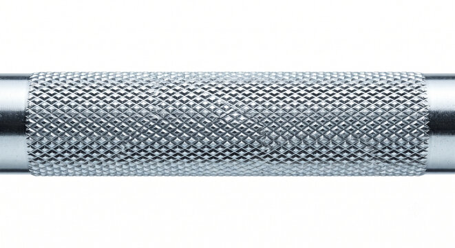 Extreme macro of Olympic barbell knurling with a diamond cross-hatch pattern on zinc-plated steel.
