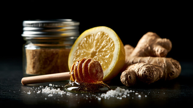 Ginger root lemon and honey remedy setup with wellness immunity nutrition ingredient
