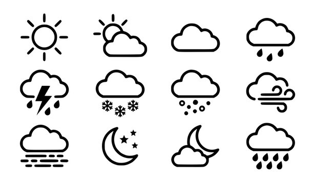 Simple Black and White Weather Icons Set for Climate Forecast and Meteorology Vector Collection