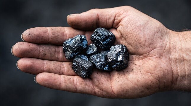 Open hand holding pile of black coal chunks against dark background, close-up of anthracite ore samples in worker palm representing coal mining industry, energy resources and fossil fuel concept