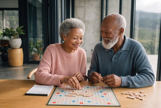 Happy senior black couple playing scrabble together at home