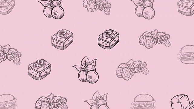 Animated seamless cherry and dessert doodle pattern on pink background