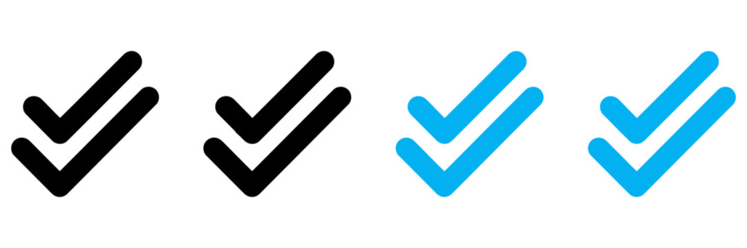 Set of double check mark icons in black and blue colors, vector illustration