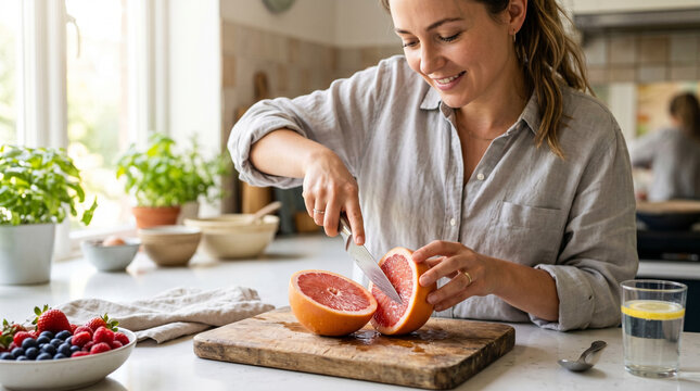 Woman slicing grapefruit on wooden board in modern kitchen  