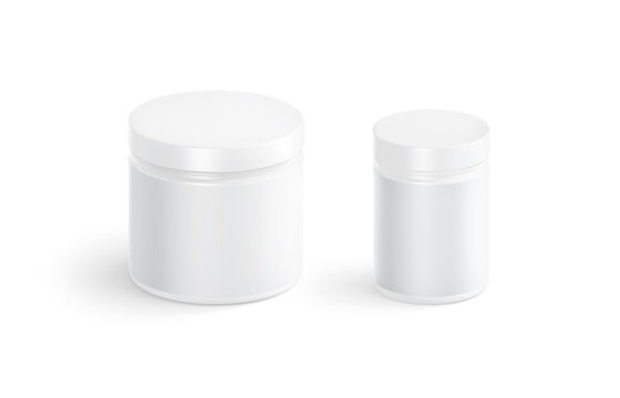 Blank white vitamin jar mockup set png, transparent background 3d rendering. Empty plastic package for nutritional pharmacy mock up cut out. Clear medicament casein or drug tablets container template.