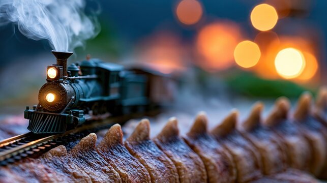 Miniature steam locomotive chugs along a fantasy track with glowing headlight, billowing smoke, and dragon spine textures in a steampunk diorama scene.