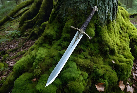 Fantasy sword with ornate hilt resting against a moss-covered tree trunk in a mystical forest setting