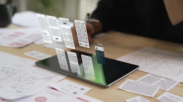 A male designer working on website prototype, in UX UI concept design and development for a website and mobile app prototype, with hologram interface