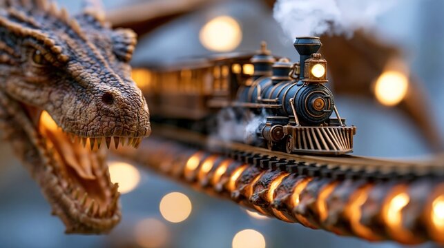 Miniature steam train travels along a dragon spine track in a steampunk diorama with a dragon head and glowing lights.