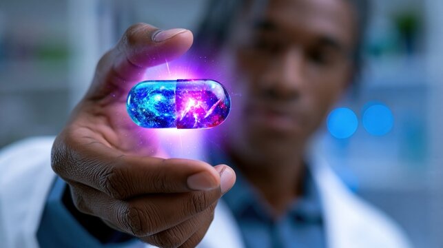 Doctor holding a glowing capsule with a colorful galaxy inside in a medical setting, conceptually symbolizing advanced pharmacy and futuristic healthcare.