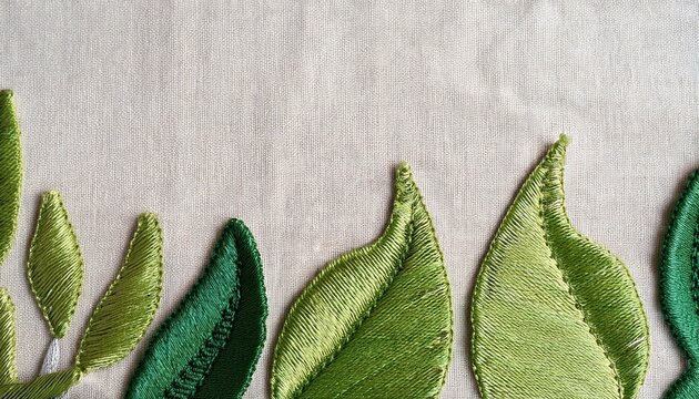 intricate green leaf embroidery border on natural linen fabric for eco friendly textile design