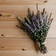 Obraz premium Small bouquet of purple and white heather flowers tied with twine on a light wooden table, natural decor and rustic charm