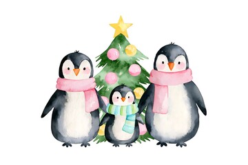 Fototapeta premium Cute Watercolor Illustration of a Penguin Family with Pink Scarves and a Decorated Christmas Tree. Hand Painted Watercolor Penguin Family