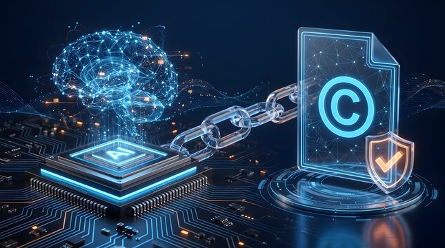 Artificial intelligence copyright protection concept with glowing brain connected to digital document shield and microchip background