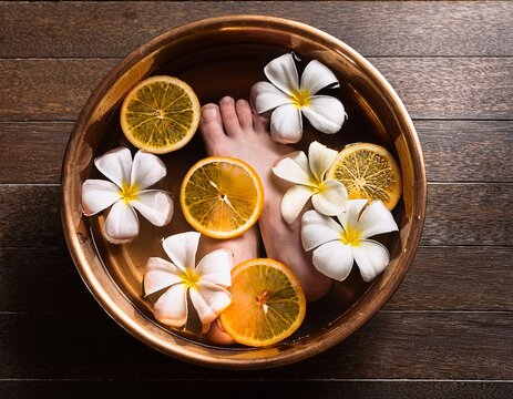 luxurious foot spa preparation with floating frangipani flowers and citrus slices in warm water copper bowl
