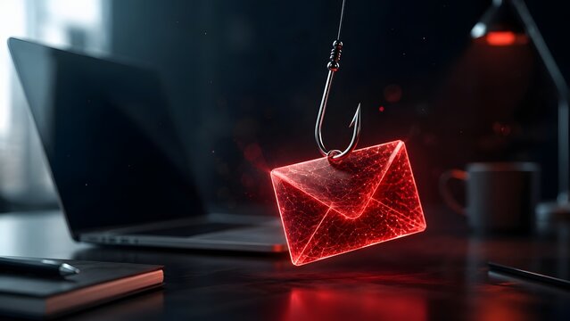 Glowing red digital email caught on fishing hook representing phishing scam and cybersecurity threat concept