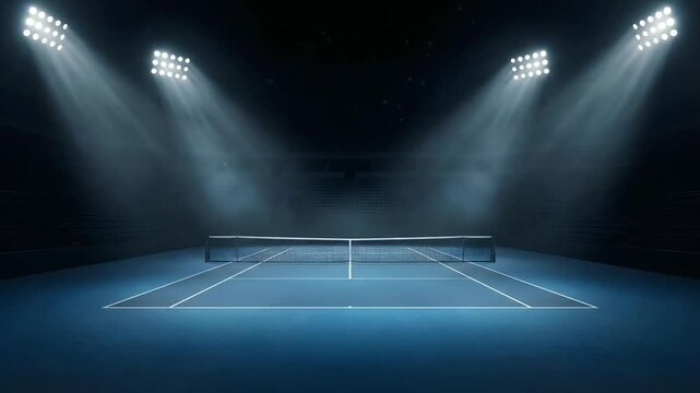 Empty indoor tennis court illuminated by bright stadium floodlights at night