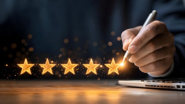 Customer giving five star rating review with pen highlighting excellent service and business success concept