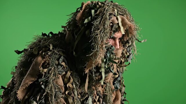 Green Screen Person Wearing Full Sniper Ghillie Suit Camouflage Looking Forward