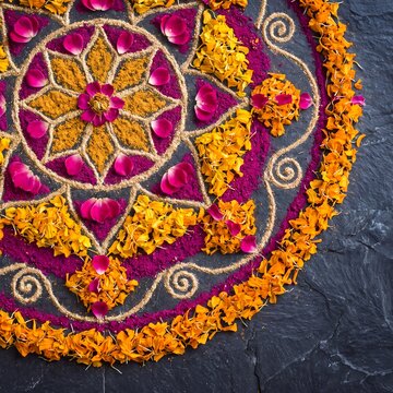 Diwali 2026 rangoli decoration top view with copy space