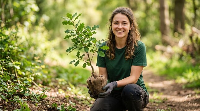 Smiling Woman Planting Oak Sapling In Forest