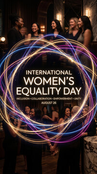 Elegant photographic background featuring the title "International Women's Equality Day" surrounded by abstract light trails forming interconnected circles, symbolizing inclusion and collaboration