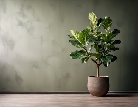 minimalist green interior decor with fiddle leaf fig tree in ceramic pot against textured wall