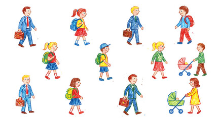 Fototapeta premium Multiple schoolchildren and toddlers in colorful clothing with backpacks, prams, and business professionals on a white background. Suitable for educational and fashion designs.