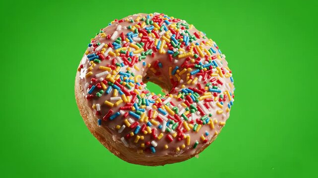 Glazed donut with colorful sprinkles falling and rotating in slow motion against a bright green screen background