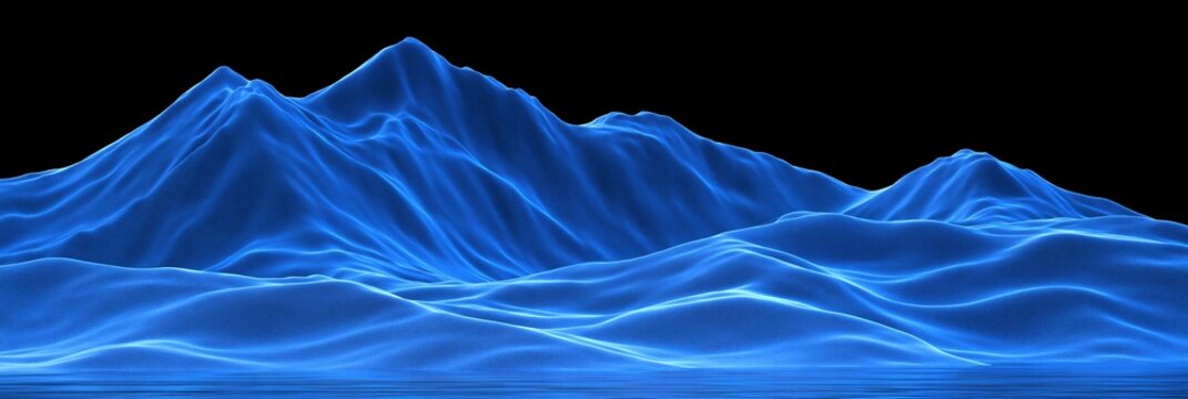 Abstract blue mountain range with glowing edges and reflective water surface against a black background
