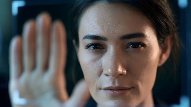 A woman using biometric authentication by placing her hand on a futuristic touch screen interface