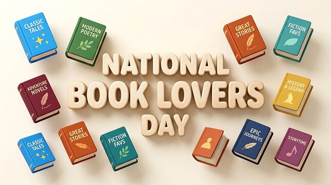 National Book Lovers Day wooden text banner, colorful miniature book collection on beige background, literacy and reading celebration concept