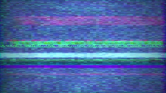 Abstract blue glitch background with horizontal interference bands and pixel distortion. Damaged video signal texture with static noise, scan lines and RGB channel split for overlay