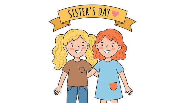 Sister's Day greeting card illustration, two happy young sisters hugging under a yellow banner, cute cartoon girls with blonde and red hair