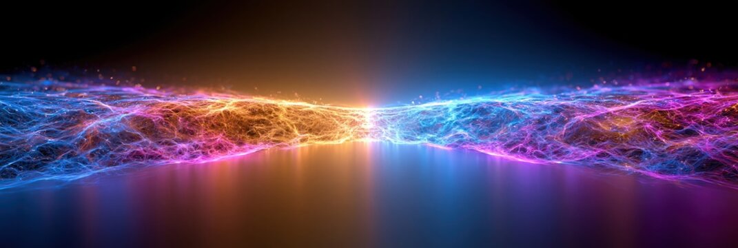Abstract glowing energy wave with vibrant orange, pink, and blue colors, digital art