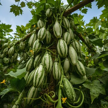 Fresh Pointed Gourds Hanging on Vine in Organic Vegetable Farm Garden