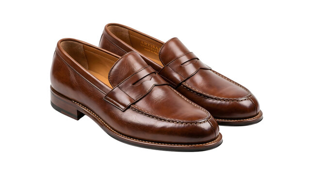 Loafers with polished brown leather finish and classic penny design for elegant formal and business footwear
