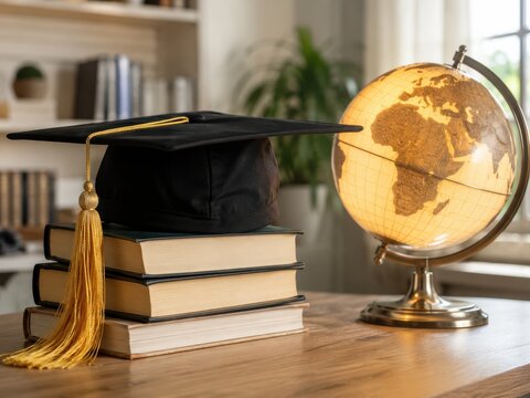 Academic Achievement Setting: A graduation cap rests atop a stack of textbooks, accompanied by a glowing globe, symbolizing knowledge and global education.