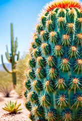 Fototapeta premium Close up of a green cactus with sharp spines and a red top in a desert landscape under a clear blue sky, Resilience and unique beauty of desert flora