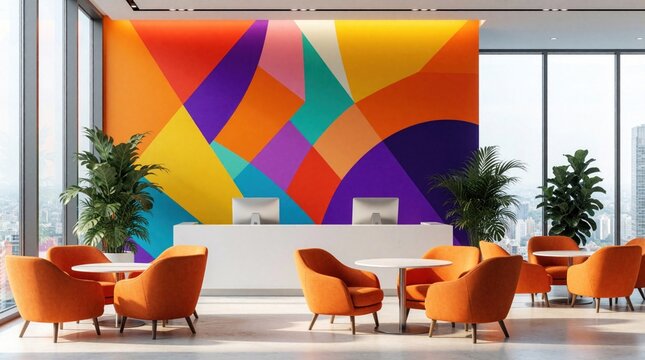 Modern office reception area with colorful geometric wall mural. White front desk stands in lobby with bright orange chairs around small round tables. Green indoor plants decorate pro workspace.
