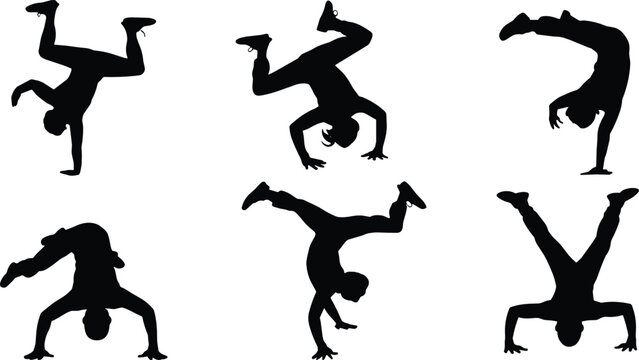 Breakdancers flat vector illustration compilation. Black silhouettes depict athletic street dancers performing impressive handstands, freezes, and dynamic hip hop flips.