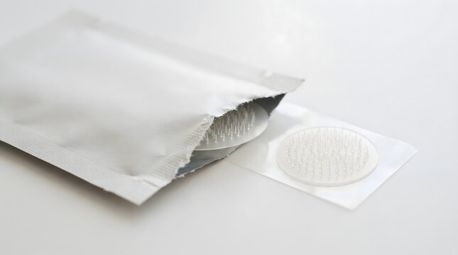Close up of open foil sachet packet revealing microneedle acne patches on white surface