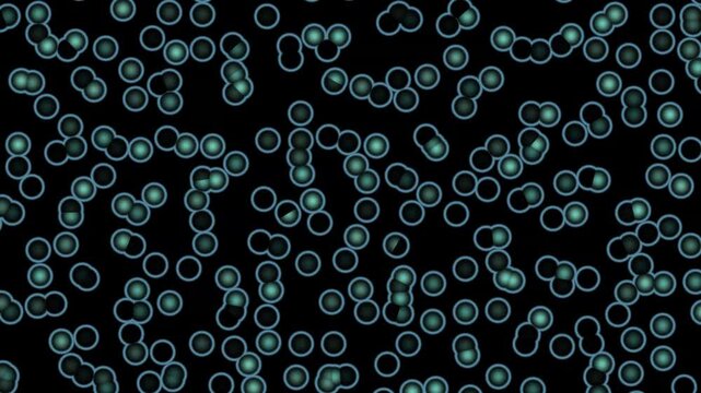 An abstract pattern of glowing teal bubbles floating against a deep black background.
