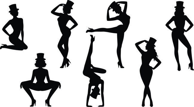 Cabaret dancers flat vector illustration. Seven female performer silhouettes strike sensual and acrobatic poses while wearing high heels and classic top hats.