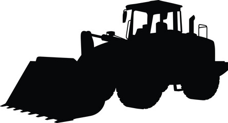 Bulldozer vehicle flat vector illustration. Heavy construction wheel loader silhouette features a lowered front shovel scoop, driver cabin, and large treaded tires. © Olivia